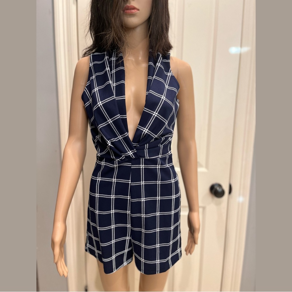 Blue and White Deep V-Neck Romper